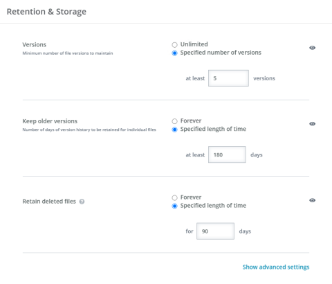 Set Retention and Storage policy settings